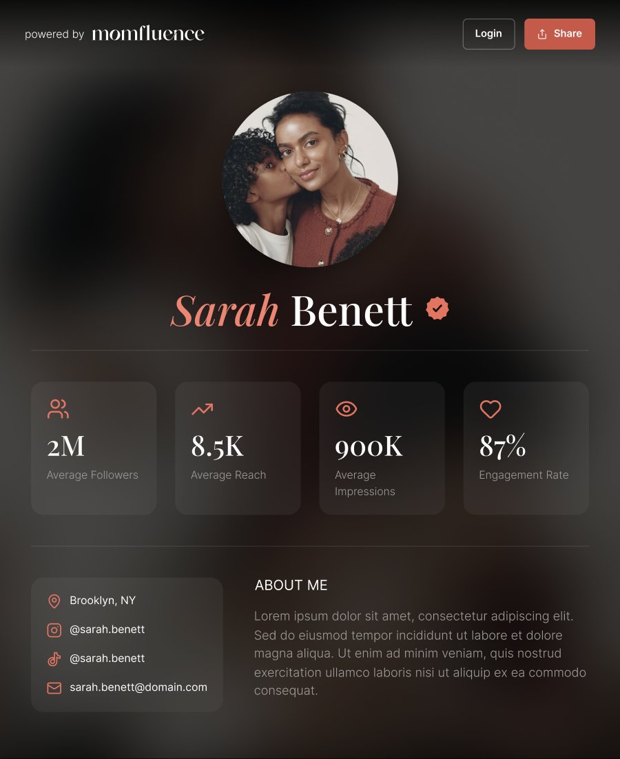 Example momfluence media kit showing creator stats